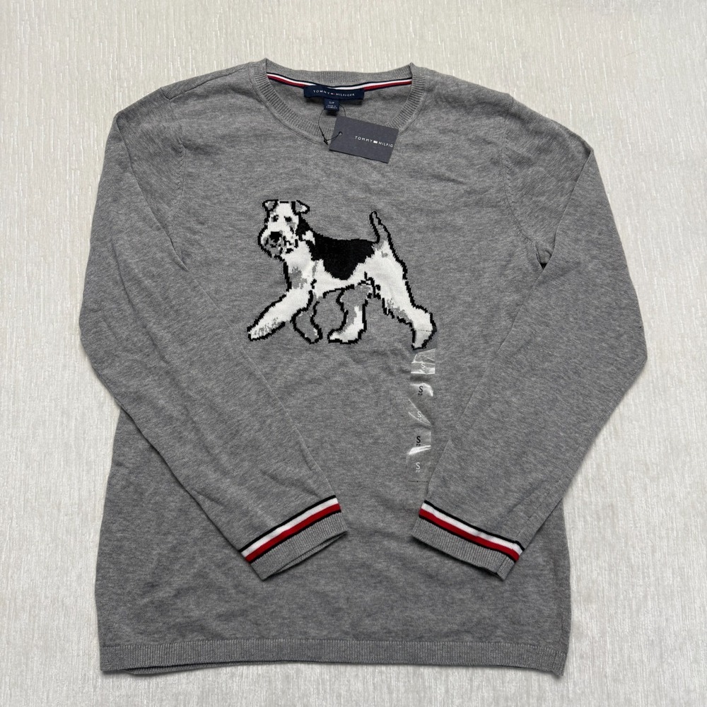 Tommy Hilfiger Terrier Dog Sweater Womens Small Gray Preppy Logo Animal Pullover